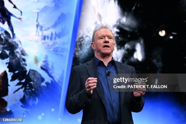 Jim Ryan, President and CEO of Sony Interactive Entertainment, speaks during the Consumer Electronics Show in Las Vegas, Nevada, on January 4, 2023.