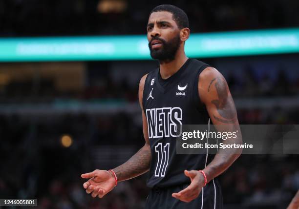 Brooklyn Nets Guard Kyrie Irving reacts to a call during a NBA game between the Brooklyn Nets and the Chicago Bulls on January 4, 2023 at the United...