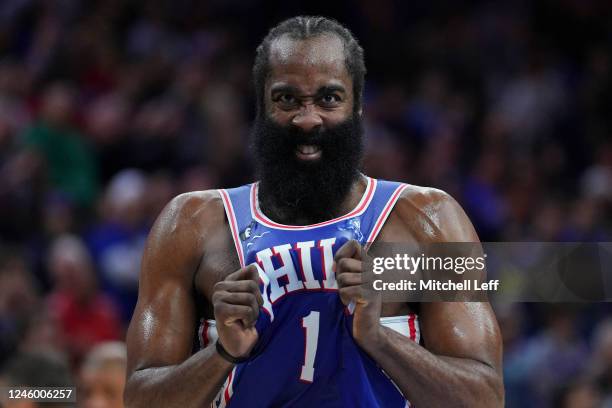 James Harden of the Philadelphia 76ers reacts against the Indiana Pacers in overtime at the Wells Fargo Center on January 4, 2023 in Philadelphia,...