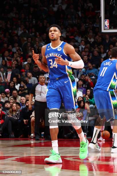 Giannis Antetokounmpo of the Milwaukee Bucks reacts during the game against the Toronto Raptors on January 4, 2023 at the Scotiabank Arena in...