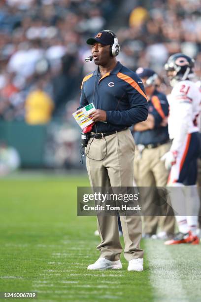 Head coach Lovie Smith of the Chicago Bears coaches from the sideline against the Oakland Raiders at O.co Coliseum on November 27, 2011 in Oakland,...