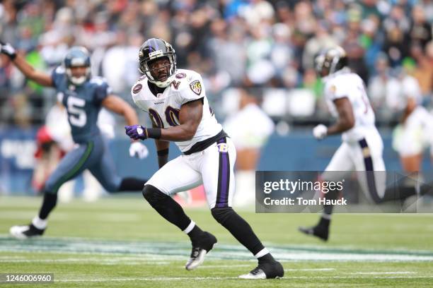 Ed Reed of the Baltimore Ravens in his drop against the Seattle Seahawks at CenturyLink Field on November 13, 2011 in Seattle, Washington. The...
