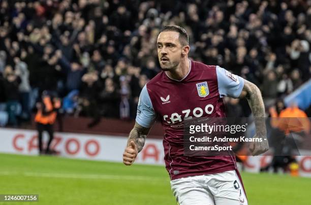Aston Villa's Danny Ings celebrates scoring his side's first goal during the Premier League match between Aston Villa and Wolverhampton Wanderers at...
