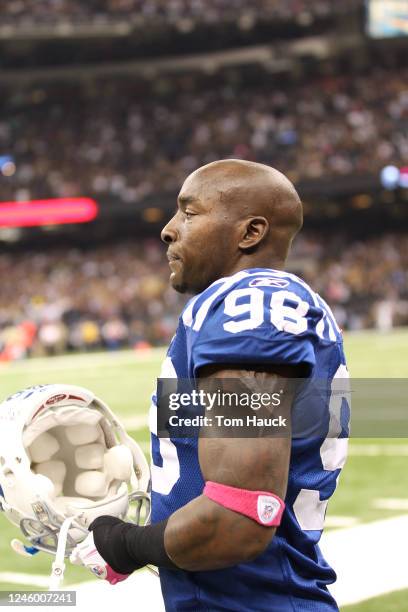 Robert Mathis of the Indianapolis Colts during the game against the New Orleans Saints at the Mercedes-Benz Superdome on October 23, 2011 in New...