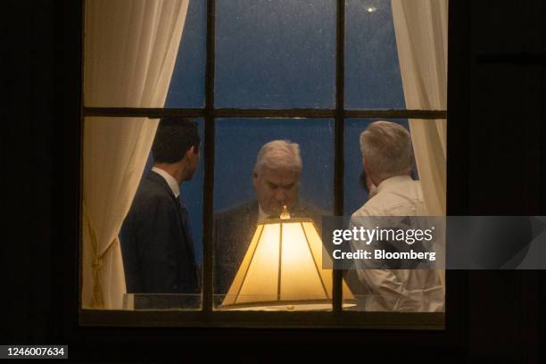 Representative Kevin McCarthy, a Republican from California, right, meets with Representative Tom Emmer, a Republican from Minnesota, center, and...