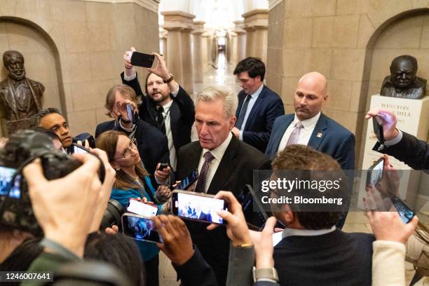 Representative Kevin McCarthy, a Republican from California, center, talks with members of the media in the House Chamber at the US Capitol in...