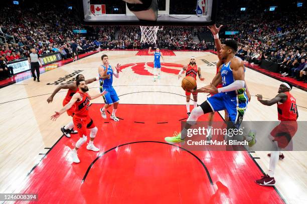 Giannis Antetokounmpo of the Milwaukee Bucks passes the ball during the game against the Toronto Raptors on January 4, 2023 at the Scotiabank Arena...