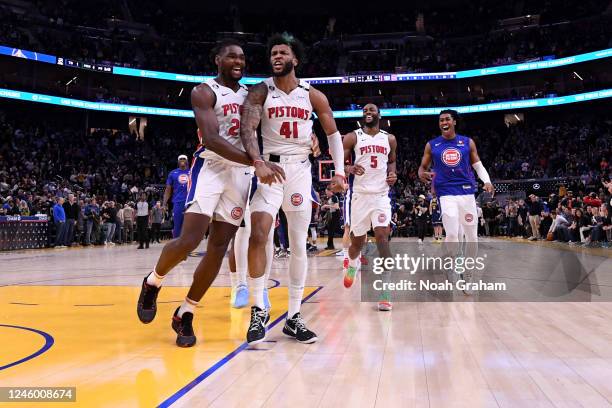 The Detroit Pistons celebrate after the game against the Golden State Warriors on January 4, 2023 at Chase Center in San Francisco, California. NOTE...