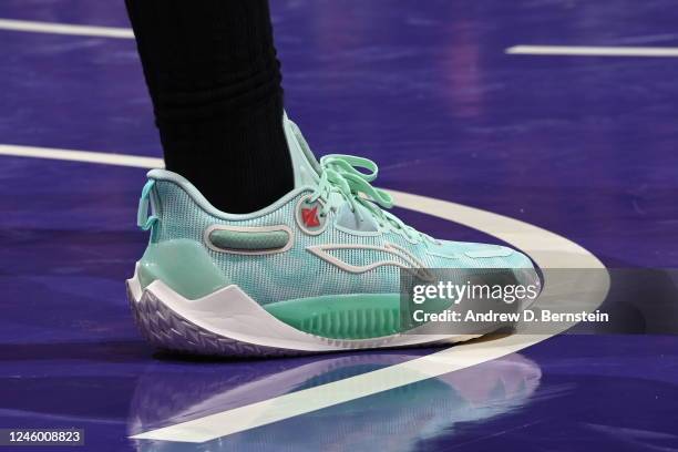 The sneakers worn by Jimmy Butler of the Miami Heat during the game against the Los Angeles Lakers on January 4, 2022 at Crypto.Com Arena in Los...