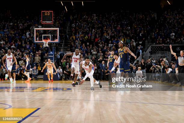 Saddiq Bey of the Detroit Pistons celebrates a three point shot to win the game against the Golden State Warriors on January 4, 2023 at Chase Center...