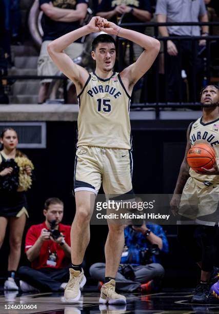 Zach Edey of the Purdue Boilermakers is seen during the game against the Rutgers Scarlet Knights at Mackey Arena on January 2, 2023 in West...
