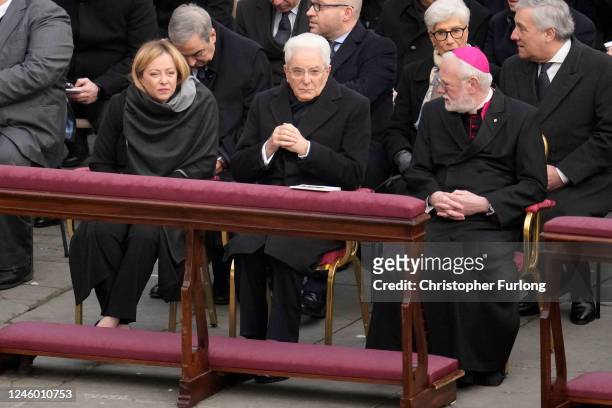 Italy's Prime Minister Giorgia Meloni and Italian President Sergio Mattarella attend the funeral of Pope Emeritus Benedict XVI at St. Peter's square...