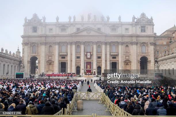 Pope Francis presides over the funeral mass for Pope Emeritus Benedict XVI at St. Peter's square on January 5, 2023 in Vatican City, Vatican. Joseph...