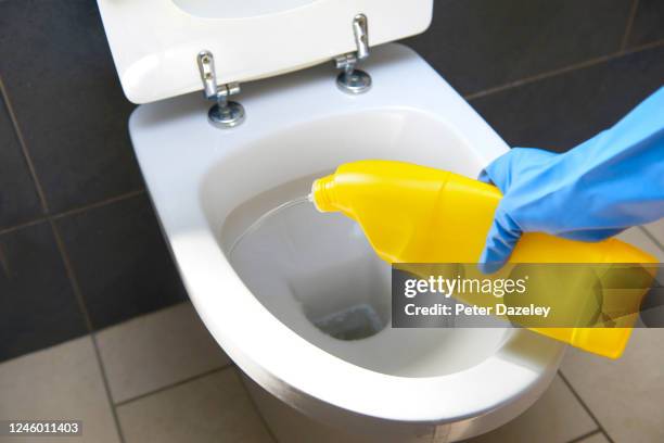cleaning toilet with bleach - bottle water fotografías e imágenes de stock