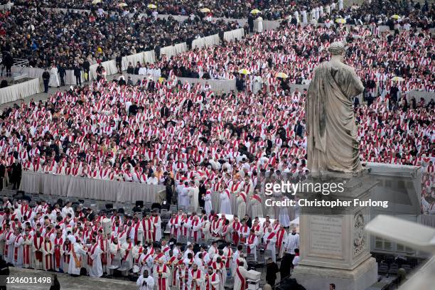 Clerics attend the funeral mass for Pope Emeritus Benedict XVI at St. Peter's square on January 5, 2023 in Vatican City, Vatican. Former Pope...