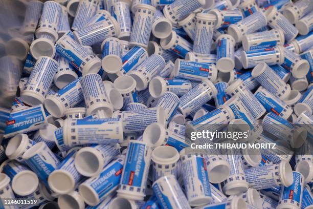 Photograph taken January 4, 2023 shows tubes of "Efferalgan", a medicine based on paracetamol, on a production line at the production and...