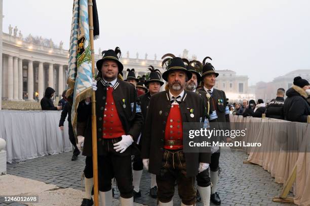Faithful from Bavaria in Germany await the funeral of Pope Benedict XVI on January 5, 2023 in Vatican City, Vatican. Former Pope Benedict XVI, who...