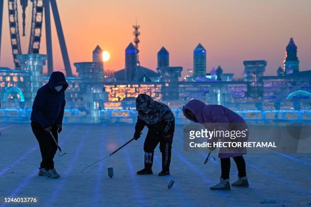Children play at the Harbin Ice and Snow World in Harbin, in China's northeastern Heilongjiang province, on January 5 during the opening ceremony of...