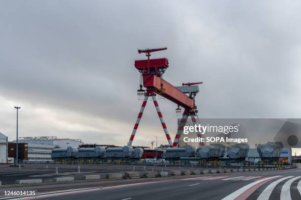Giant red crane dominates the MAN engines for liners in the port of Saint-Nazaire . Despite the optimistic announcements of the French government,...