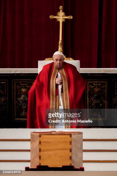 Pope Francis attends the funeral mass for Pope Emeritus Benedict XVI at St. Peter's square on January 5, 2023 in Vatican City, Vatican. Joseph...