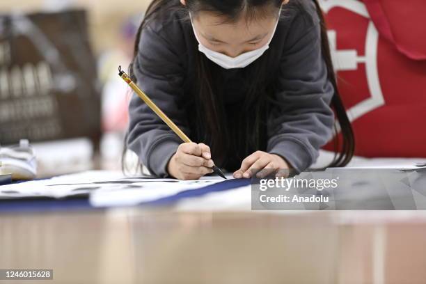 Thousands school students from all over Japan who learn calligraphy and practice writing kanji characters gather at the Nippon Budokan for the first...