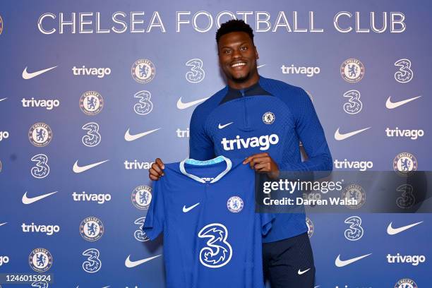 Chelsea unveil new signing Benoit Badiashile at Chelsea Training Ground on January 5, 2023 in Cobham, England.