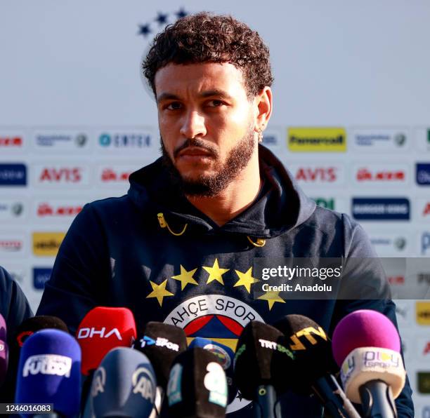 Norwegian player Joshua King of Fenerbahce speaks to media before a training session held ahead of Turkish Super Lig week 18 derby match against...