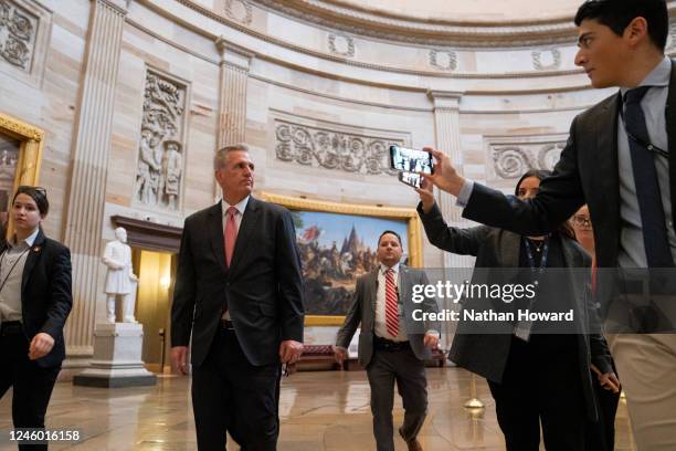 Republican Leader Kevin McCarthy enters the Capitol on January 5, 2023 in Washington, DC. The House of Representatives will continue to try and elect...