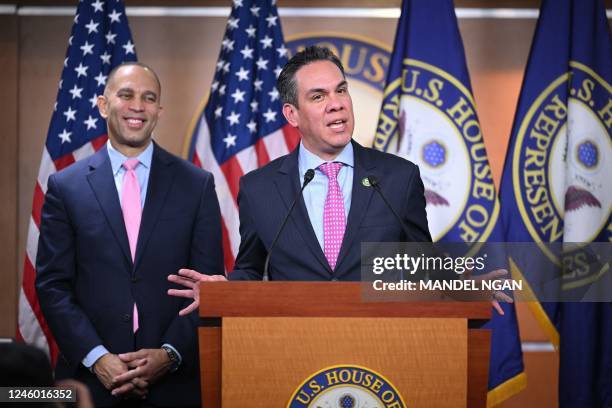 Democratic Representative from California Pete Aguilar, speaks during a press conference at the US Capitol in Washington, DC, January 5, 2023. - The...