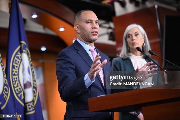 Democratic Representative from New York Hakeem Jeffries, with US Democratic Representative from Massachusetts Katherine Clark, speaks during a press...