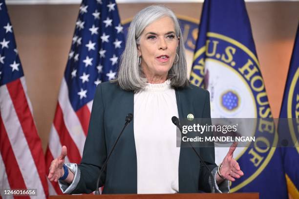 Democratic Representative from Massachusetts Katherine Clark, speaks during a press conference at the US Capitol in Washington, DC, January 5, 2023....