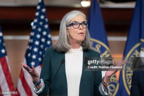 Democratic Whip Rep. Katherine Clark speaks during a news conference on January 5, 2023 in Washington, DC. The House of Representatives will continue...