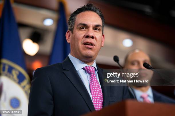 Rep. Pete Aguilar , Democratic caucus chair, speaks during a news conference on January 5, 2023 in Washington, DC. The House of Representatives will...