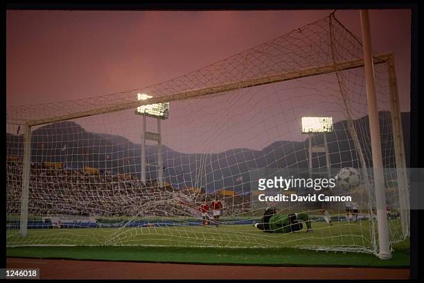 Wuttke of West Germany scores on a penalty kick during a 4-1 win over Tunisia during the 1988 Olympic Games in Seoul, Korea. Mandatory Credit: David...