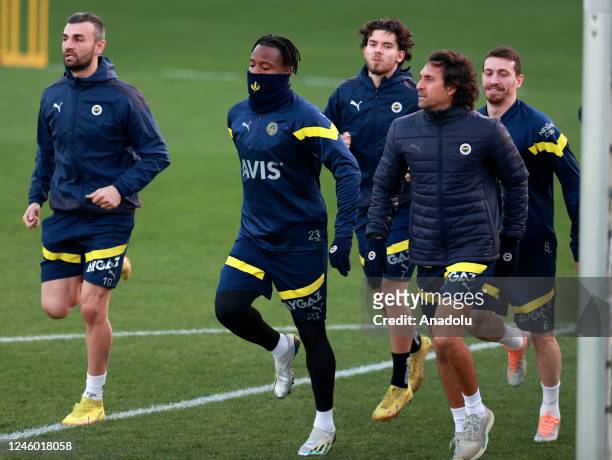 Serdar Dursun and Michy Batshuayi of Fenerbahce attend training session of Fenerbahce ahead of derby against Galatasaray at Can Bartu Facilities in...