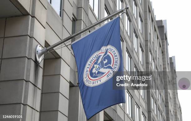 The U.S. Department of Homeland Security flag is seen on US Immigration and Customs Enforcement Building in Washington D.C., United States on January...