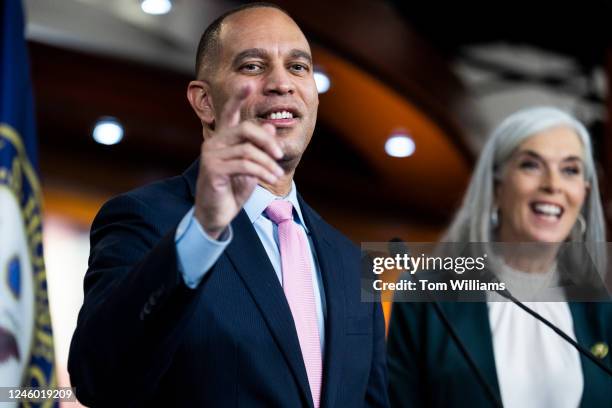 House Democratic Leader Hakeem Jeffries, D-N.Y., and Whip Rep. Katherine Clark, D-Mass., conduct a news conference in the Capitol Visitor Center on...