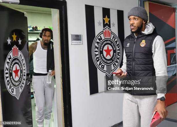 Kevin Punter of Partizan llooks as Jaron Blossomgame of AS Monaco arrives prior to the 2022/2023 Turkish Airlines EuroLeague match between Partizan...