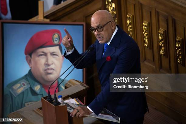 Jorge Rodriguez, president of the National Assembly, speaks during a meeting at the Federal Legislative Palace in Caracas, Venezuela, on Thursday,...