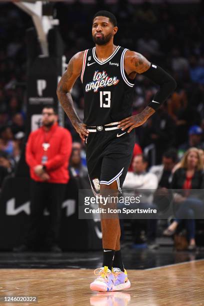 Los Angeles Clippers Guard Paul George looks on during a NBA game between the Brooklyn Nets and the Los Angeles Clippers on November 12, 2022 at...