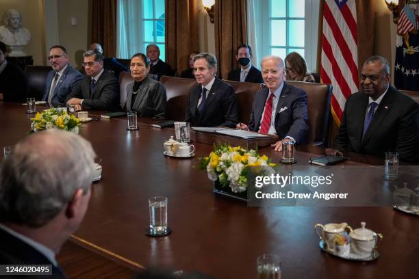 Flanked by Secretary of State Antony Blinken and Secretary of Defense Lloyd Austin , U.S. President Joe Biden speaks during a cabinet meeting in the...
