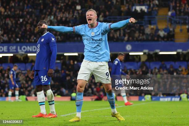 Erling Haaland of Manchester City celebrates at full time during the Premier League match between Chelsea FC and Manchester City at Stamford Bridge...