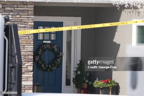 Christmas decorations sit on the door and porch of the home of Michael Haight on January 5, 2023 in Enoch, Utah. Haight, who was 42, is accused of...