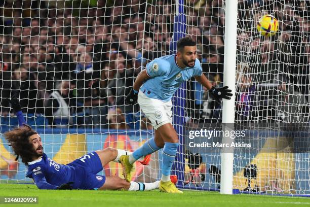 Riyad Mahrez of Manchester City scores the opening goal during the Premier League match between Chelsea FC and Manchester City at Stamford Bridge on...