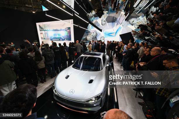 An all-electric Mercedes-Benz Vision EQXX vehicle, by Mercedes-EQ Concept, is displayed at the company's booth during the Consumer Electronics Show...