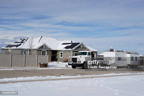 Police crime scene trailer sits outside the home of Michael Haight on January 5, 2023 in Enoch, Utah. Haight, who was 42, is accused of killing his...