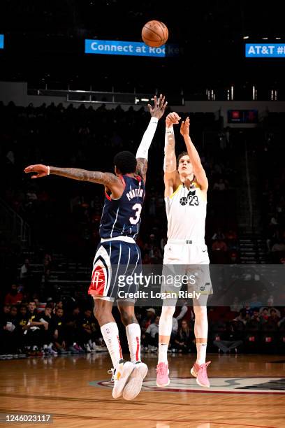 Lauri Markkanen of the Utah Jazz shoots a three point basket during the game against the Houston Rockets on January 5, 2023 at the Toyota Center in...