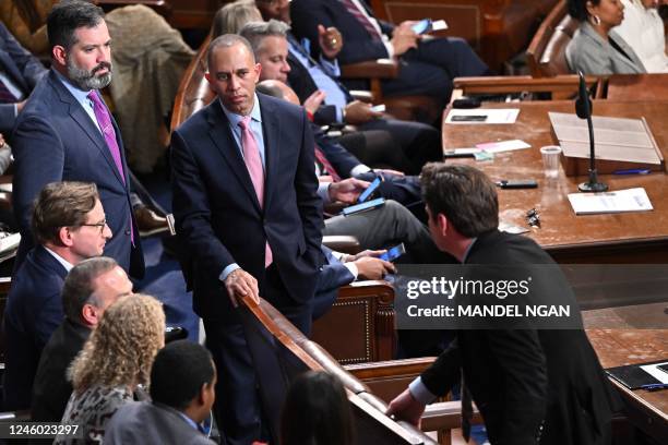 Representative Hakeem Jeffries speaks to US Representative Matt Gaetz on the House Floor as voting continues for new speaker at the US Capitol in...