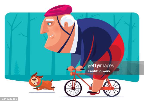 ilustrações de stock, clip art, desenhos animados e ícones de senior man cycling with dog - active seniors