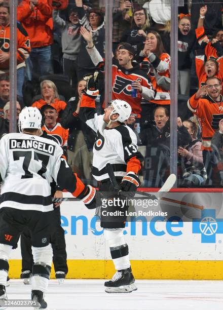 Kevin Hayes of the Philadelphia Flyers reacts after scoring a second period power-play goal against the Arizona Coyotes at the Wells Fargo Center on...